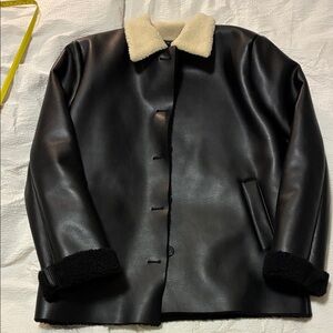 Korean vegan leather jacket with fur trim
